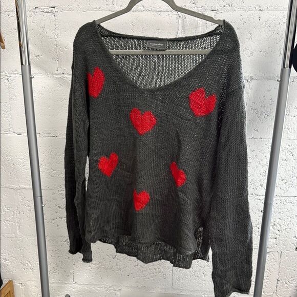 Dark Gray Knit Sweater with Red Hearts - Long Sleeve Pullover WOODEN SHIPS KNITS